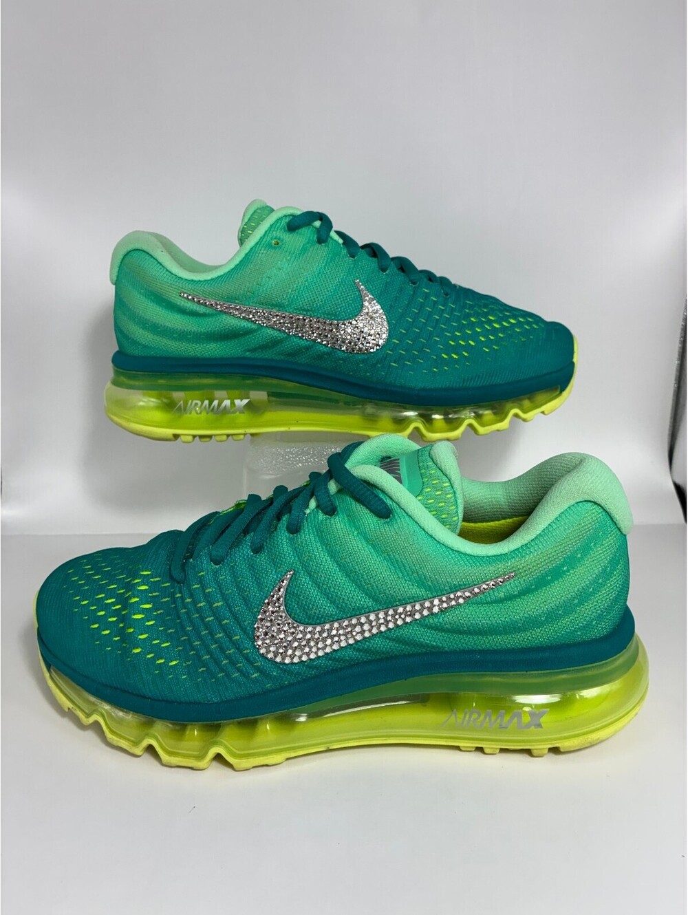 Size 5m/6.5w - Nike Air Max 2017 Custom Diamond Swoosh Green Yellow